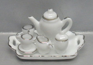 Dollhouse Miniature 10 Pc White/Silver Trim Tea St-Square
